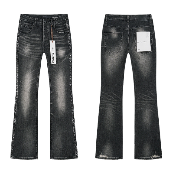 Black Washed Flared Denim Jeans with Rhinestone Trim